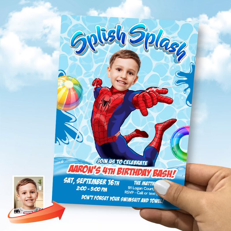 Spiderman Splish Splash Party Invitation with photo, Spider-Man Splish Splash template, Spiderman Splish Splash party digital invite. 932B