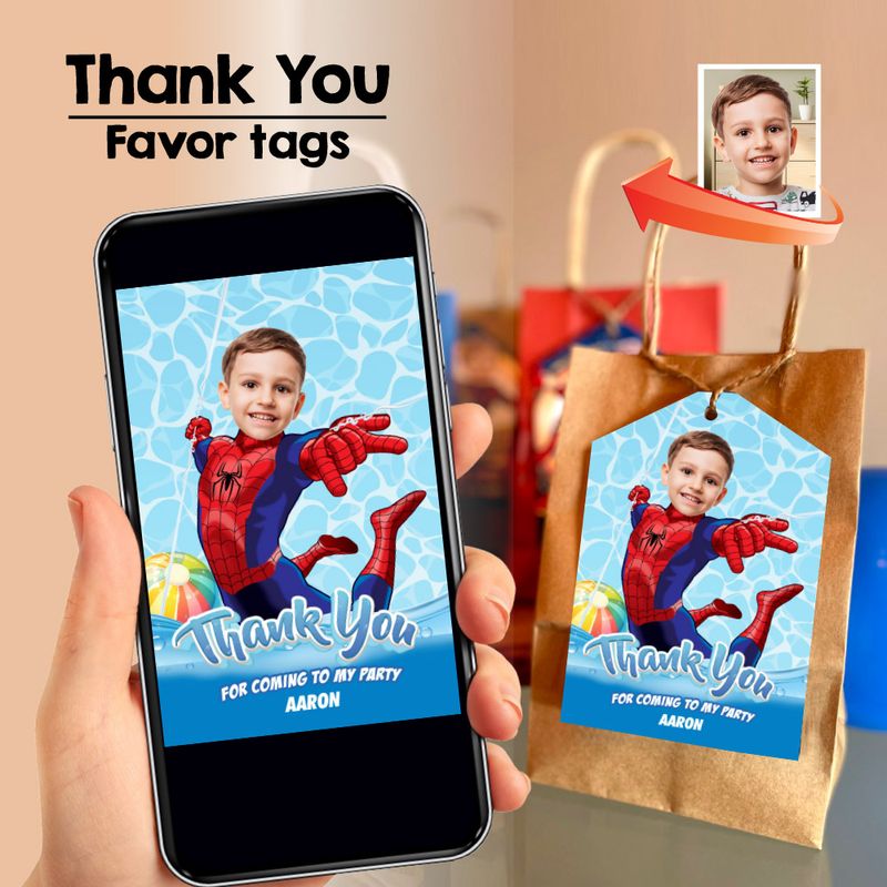 Spiderman Pool Party Thank You with photo, Spiderman Pool party Favor Tags, Spiderman Splash party favors, Spiderman splash goodies. 923BTY