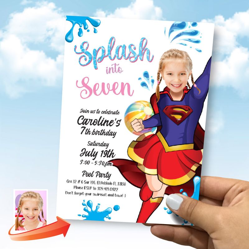 Personalized Supergirl Splash birthday Party Invitation with photo, Supergirl Splash pad invite, Supergirl pool party, Splash invitation theme Supergirl. 2301