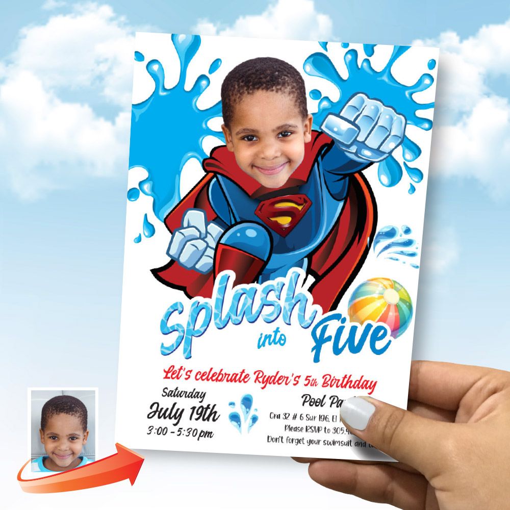 Personalized Superman Splash birthday Party Invitation with photo, Superman Splash pad invite, Superman pool party, Superman birthday flyer. 2299