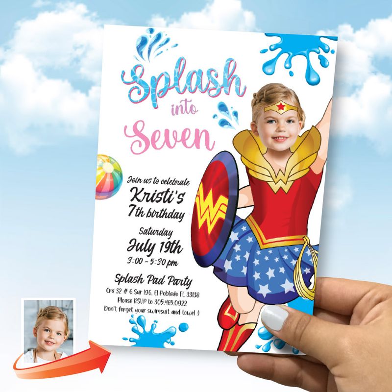 Personalized Wonder Girl Splash birthday Party Invitation with photo, Wonder Girl Splash pad invite, Wonder Girl pool party, Wonder Woman birthday. 2300