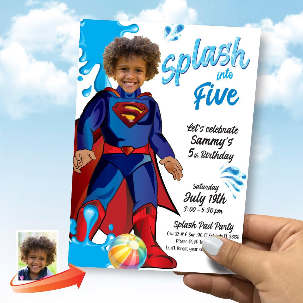 Customized Superman Splash Party Invite with photo, Superman Splash pad birthday, Pool party themed Superman, Superman party evite. 2298