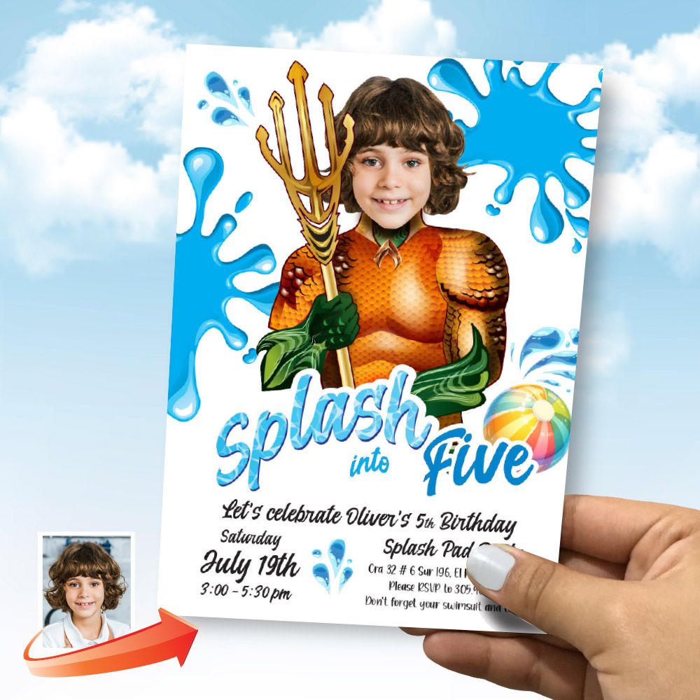 Personalized Aquaman Splash birthday Party Invitation with photo, Aquaman Splash pad invite, Aquaman pool party, Aquaman birthday flyer. 2297
