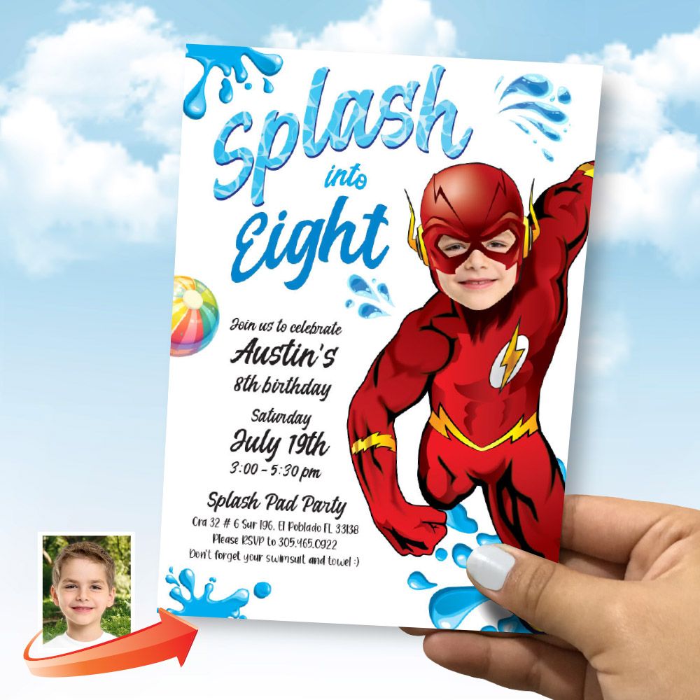 Personalizable Flash Splash Party Invitation with your photo, Flash Splash template, Justice League Splash pad party. 2295