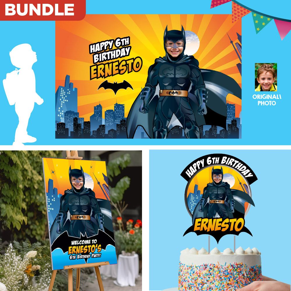 Bundle Batman Party decoration, Batman Batman Banner / Backdrop, Cake Topper of Batman, Batman Welcome Sign. 215B4
