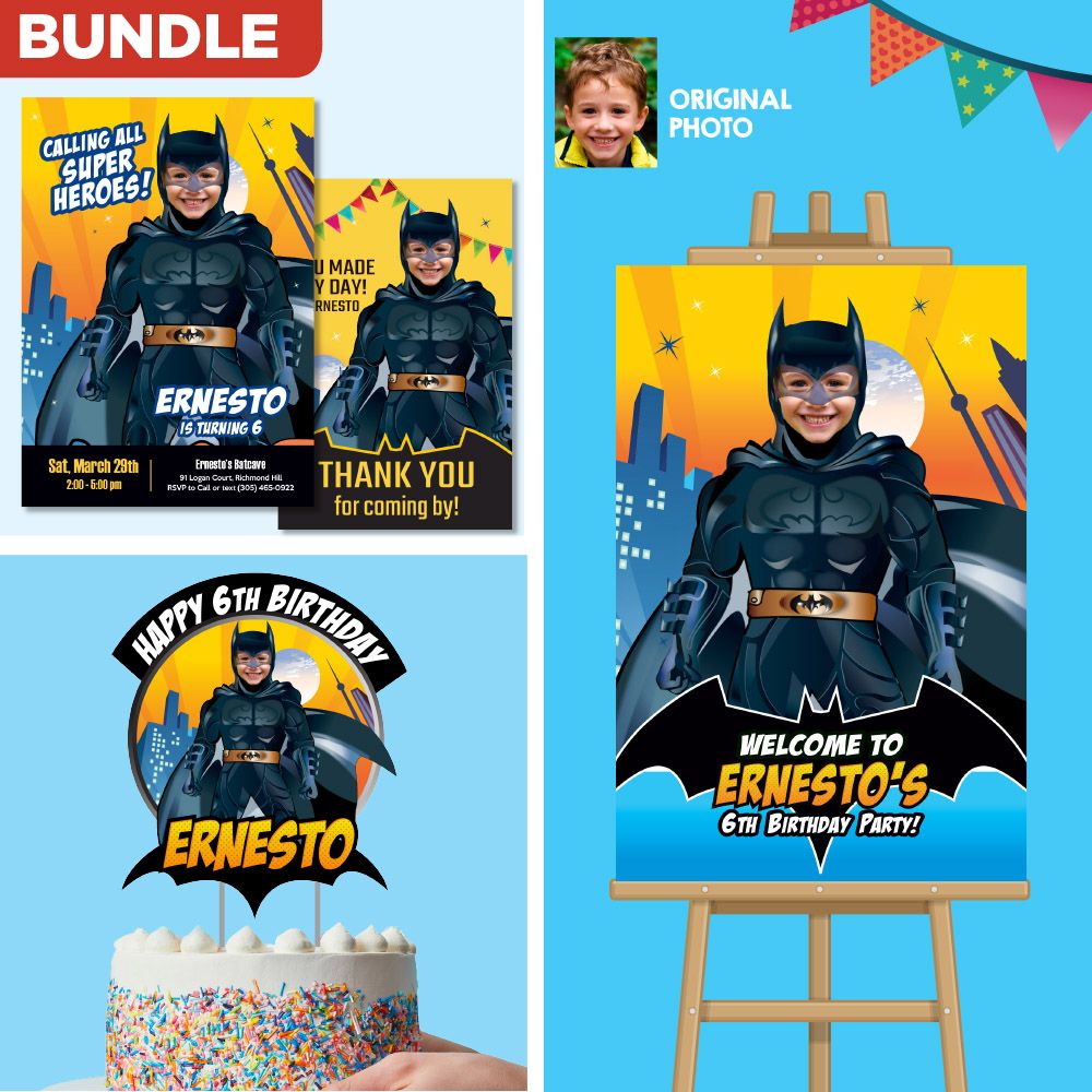 Bundle Batman Birthday, Batman Invitation and Thank you, Batman Cake Topper, Batman Welcome Sign. 215B2