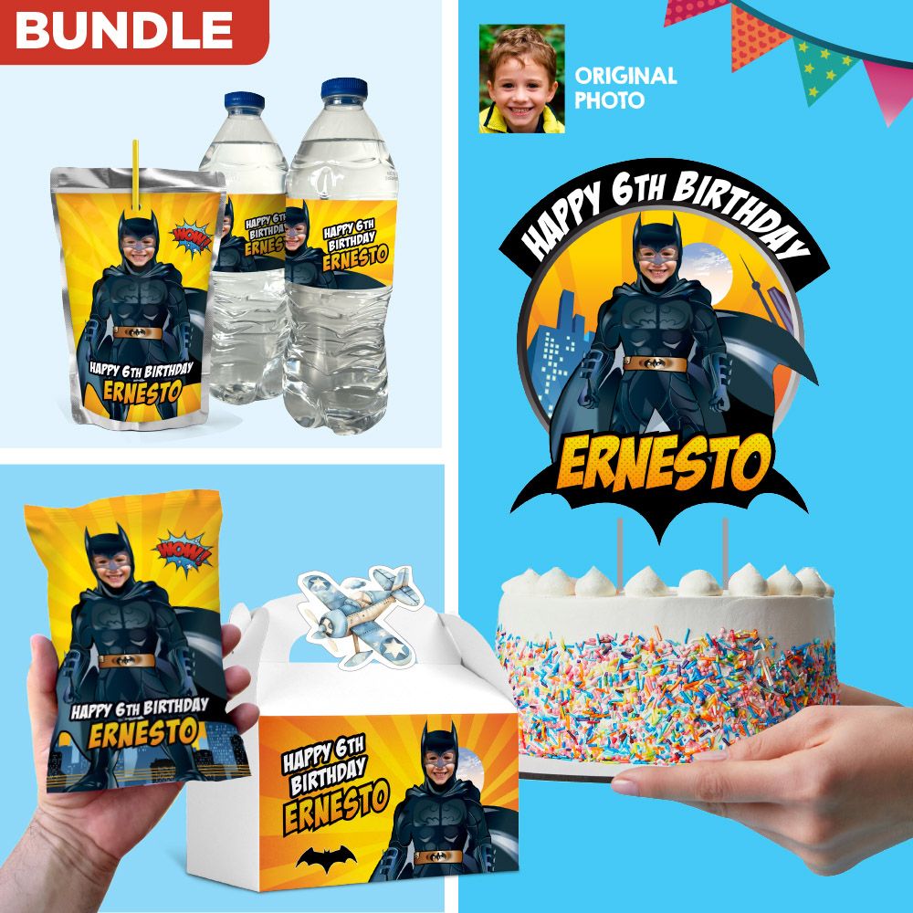Bundle Batman Party table, Batman Cake Topper, Batman snacks labels, Batman Batman Chip bags, Batman Gable box. 215B1
