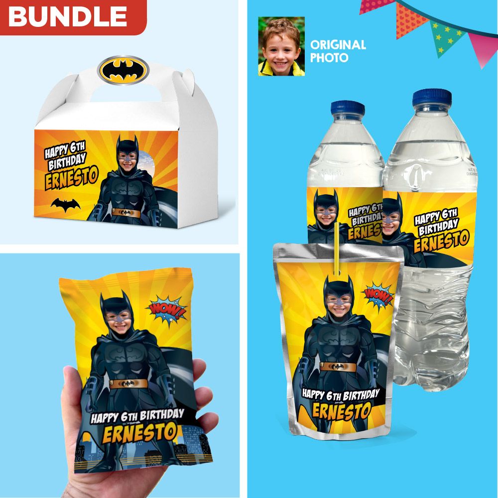 Bundle Batman snacks labels, Batman Batman water wrappers and Juice pouch, Batman Batman Chip bags. 215B3