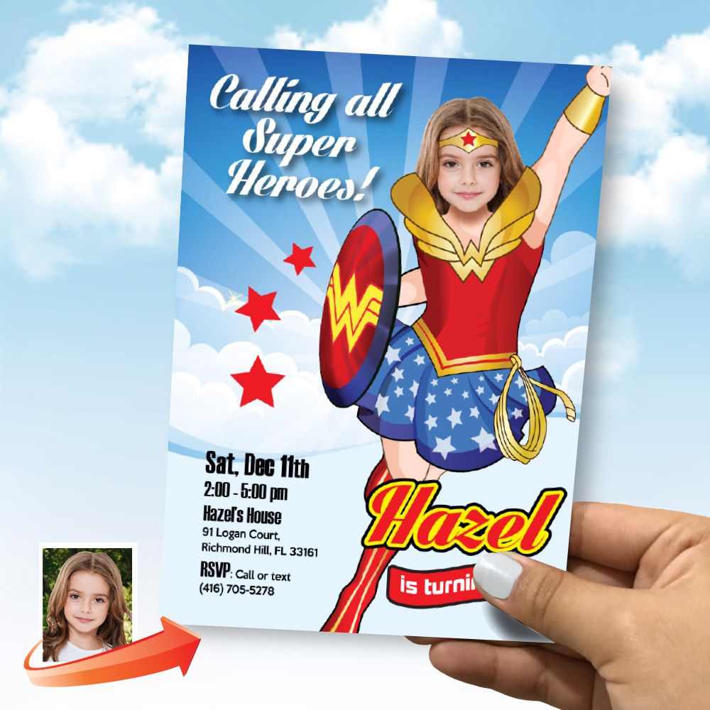 Personalized Wonder Girl party invitation with photo, Wonder Woman photo birthday invite, Wonder girl digital invite, Wonder Woman template. 2303IN