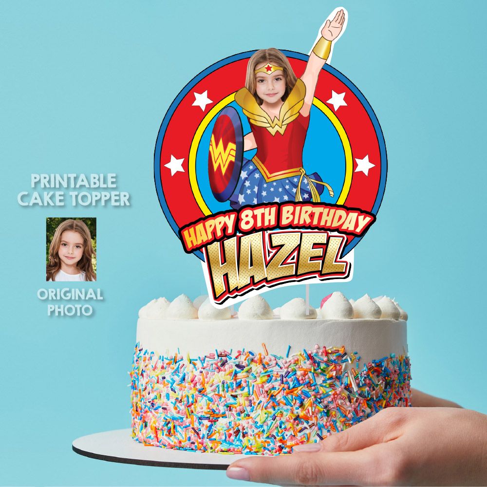 Wonder Girl Cake topper with photo, Wonder Girl printable cake topper, Wonder Woman cake decoration, Wonder Girl DIY cake, Wonder Woman theme Party. 2303CT