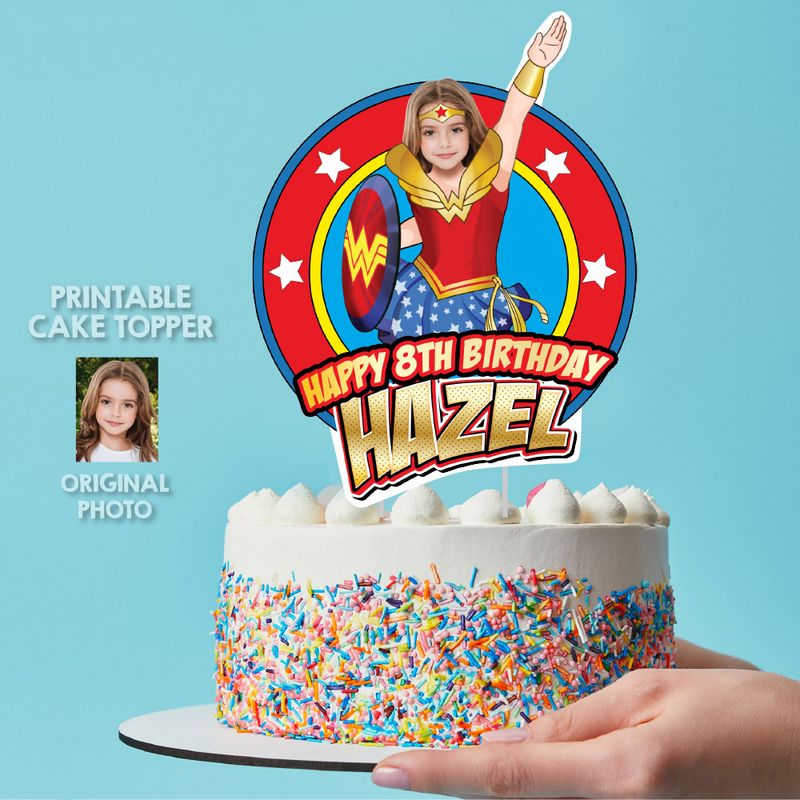 Wonder Girl Cake topper with photo, Wonder Girl printable cake topper, Wonder Woman cake decoration, Wonder Girl DIY cake, Wonder Woman theme Party. 2303CT