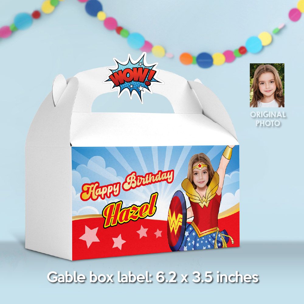 Personalized Wonder Girl Gable Box label, Wonder Girl Gift Box with photo, Wonder Woman Gable Box Party favors, Wonder Woman Box party favor. 2303GB