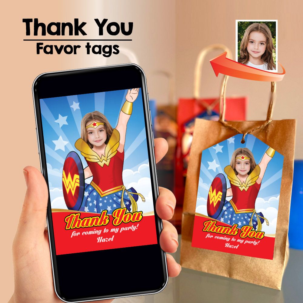 Wonder Girl Thank you card, Wonder Girl Favor tags, Personalized Wonder Girl party favors tags, Wonder Woman thanks tag. 2303TY
