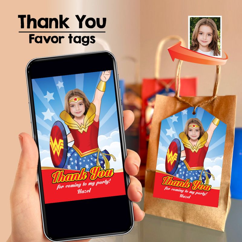 Wonder Girl Thank you card, Wonder Girl Favor tags, Personalized Wonder Girl party favors tags, Wonder Woman thanks tag. 2303TY
