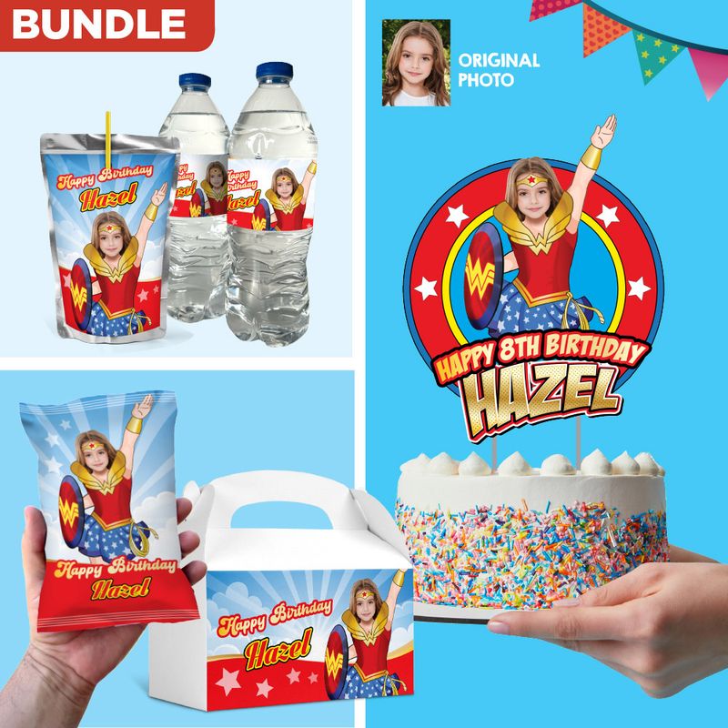 Bundle Wonder Girl Party table, Wonder Girl Cake Topper, Wonder Girl snacks labels, Wonder Girl Wonder Girl Chip bags, Wonder Girl Gable box. 2303B1
