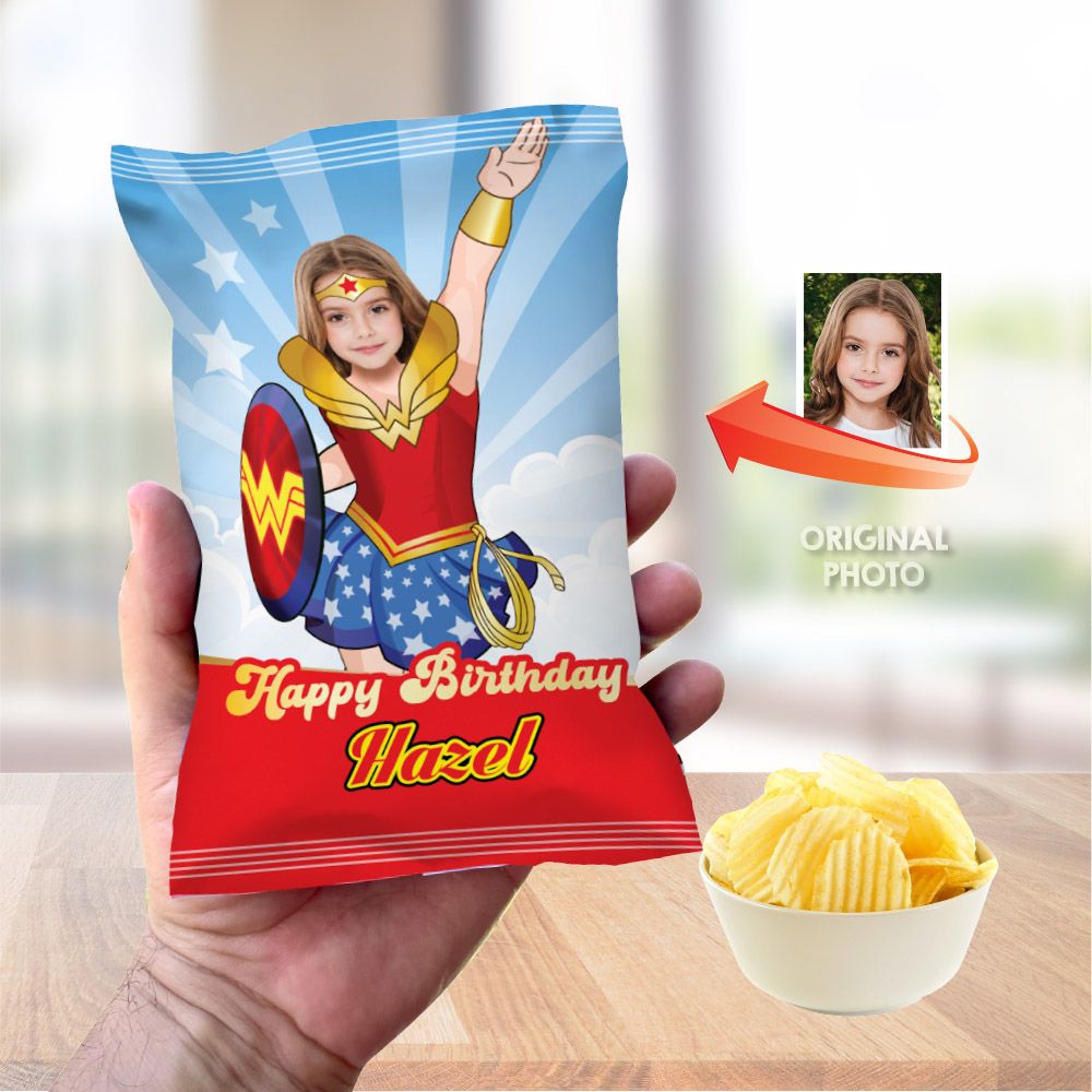 Wonder Girl chip bags party favors, Wonder Girl Chip Bag Wrapper, Custom Wonder Woman Chip Bag label, Wonder Girl party decor, DIY super hero girl chip bags. 2303CB