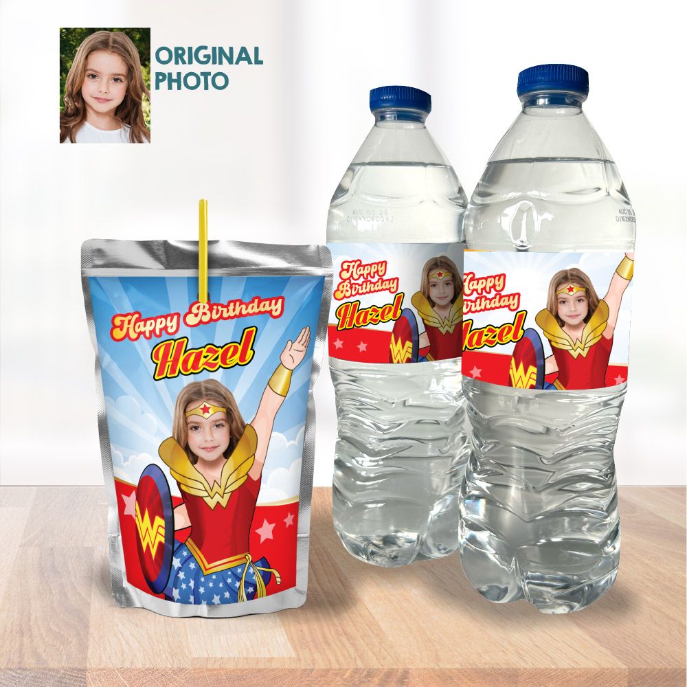Wonder Girl water wrappers, Wonder Woman water labels, Wonder Girl party juice labels, Wonder Girl Capri sun labels, Wonder Girl snacks party labels. 2303WJ
