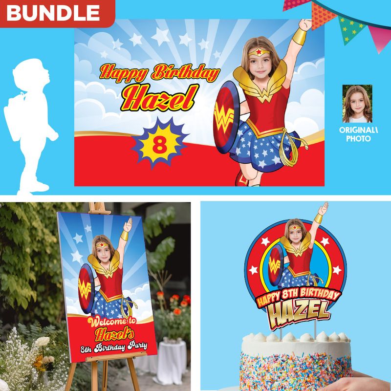 Bundle Wonder Girl Party decoration, Wonder Girl Wonder Girl Banner / Backdrop, Cake Topper of Wonder Girl, Wonder Girl Welcome Sign. 2303B4
