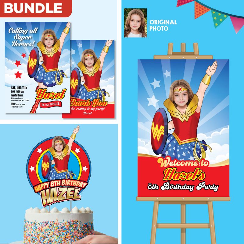 Bundle Wonder Girl Birthday, Wonder Girl Invitation and Thank you, Wonder Girl Cake Topper, Wonder Girl Welcome Sign. 2303B2