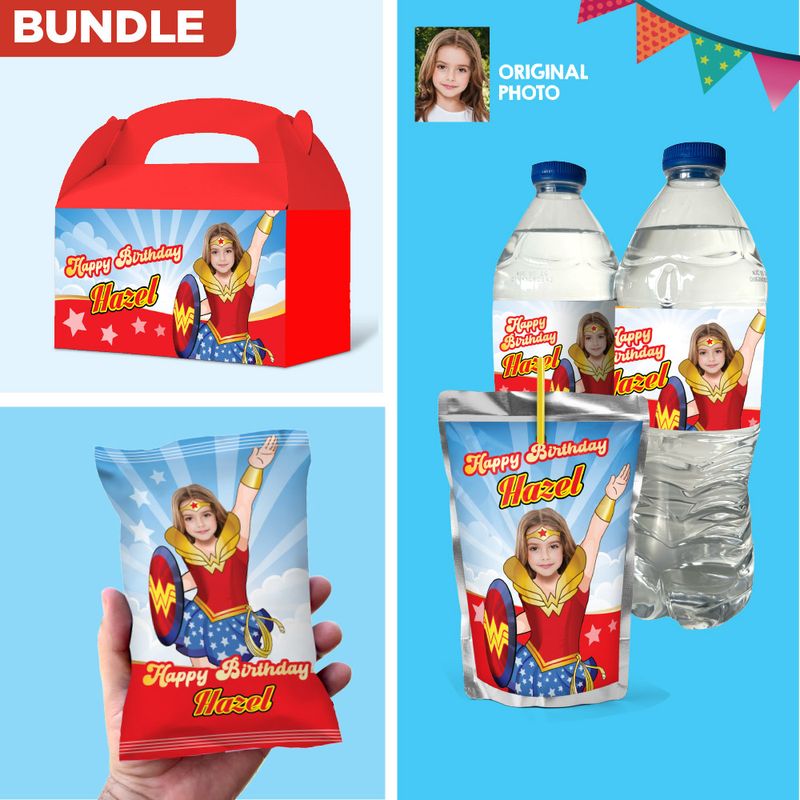 Bundle Wonder Girl snacks labels, Wonder Girl Wonder Girl water wrappers and Juice pouch, Wonder Girl Wonder Girl Chip bags. 2303B3