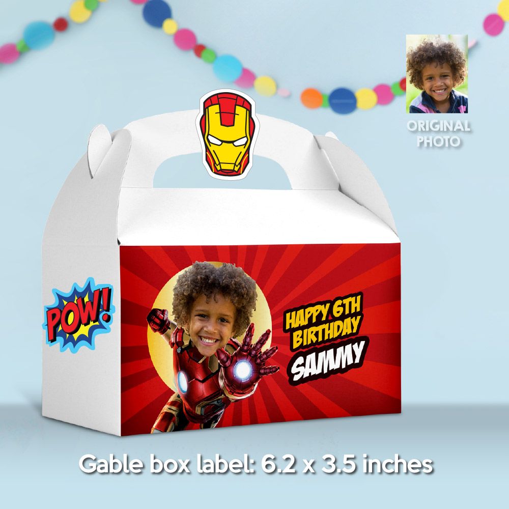 Personalized Iron Man Gable Box label, Iron Man Gable Box with photo, Ironman Gable Box Party favors, Ironman Gift Box party favor. 098GB