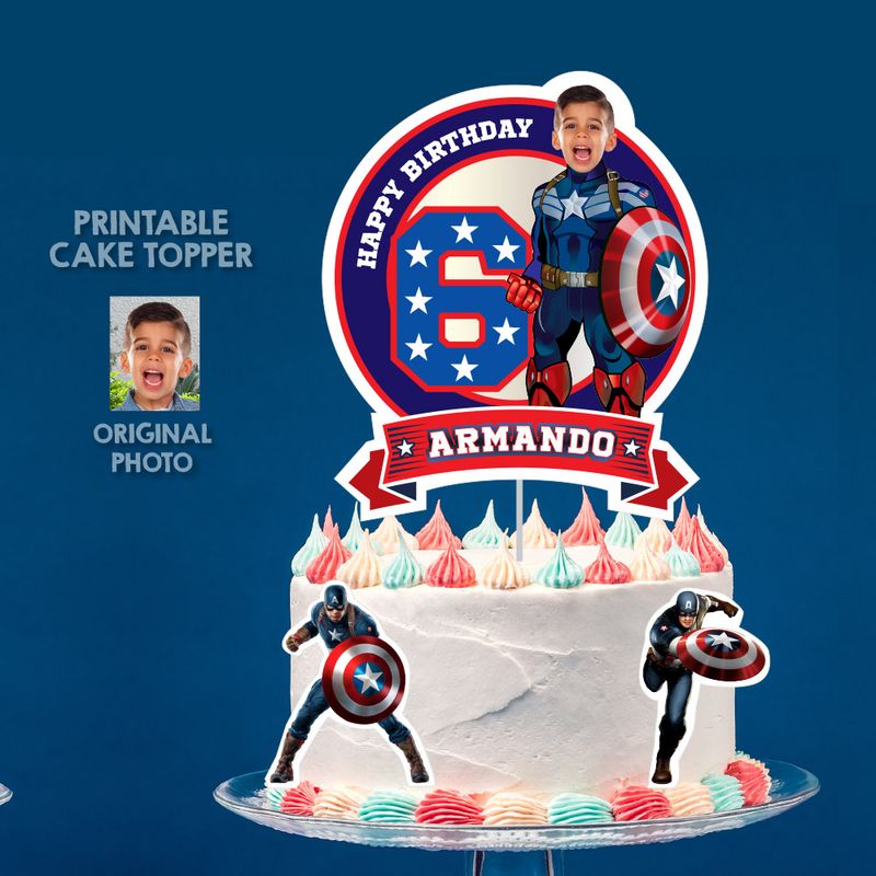 Personalized Captain America Cake topper with photo, Printable Captain America cake topper, Cake decoration themed Captain America. 075BCT