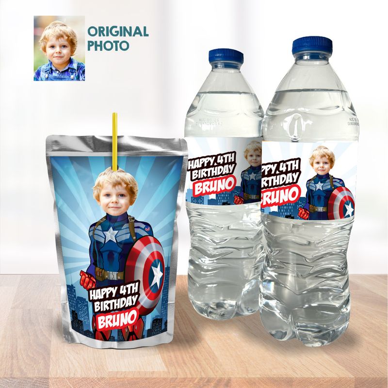 Capt America water wrappers, Capt America water labels, Capt America party juice labels, Capt America Capri sun labels, Capt America snacks party labels. 075WJ
