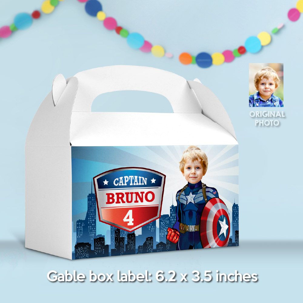 Personalized Captain America Gable Box label, Capt America Gable Box with photo, Capt America Box Party favors, Capt America Gift Box. 075GB