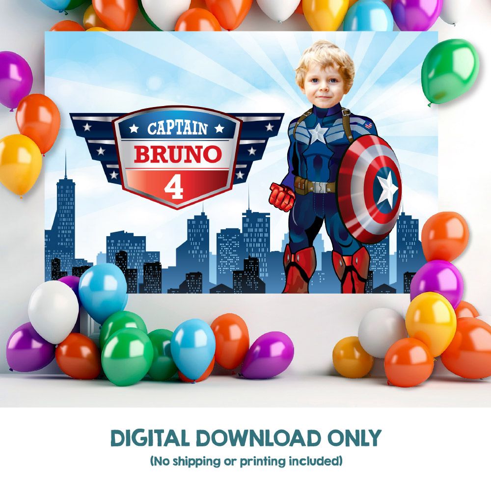 Custom Captain America Birthday Backdrop, Captain America Banner with photo, Captain America Backdrop, Capt America party decoration. 075BB