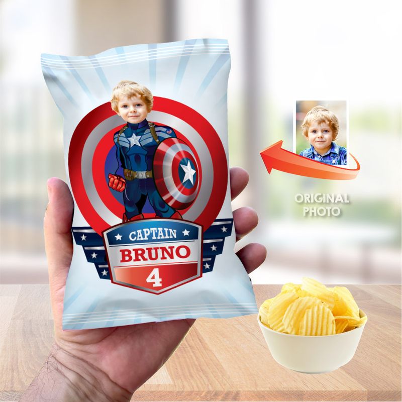 Captain America chip bags party favors, Captain America Chip Bag Wrapper, Custom Capt America snacks label, Captain America party decor. 075CB