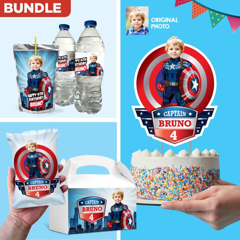 Set of matching items for a Captain America themed table Party, Personalized Captain America cake topper, water label, Chip bag, Juice pouch, gable box 075B1