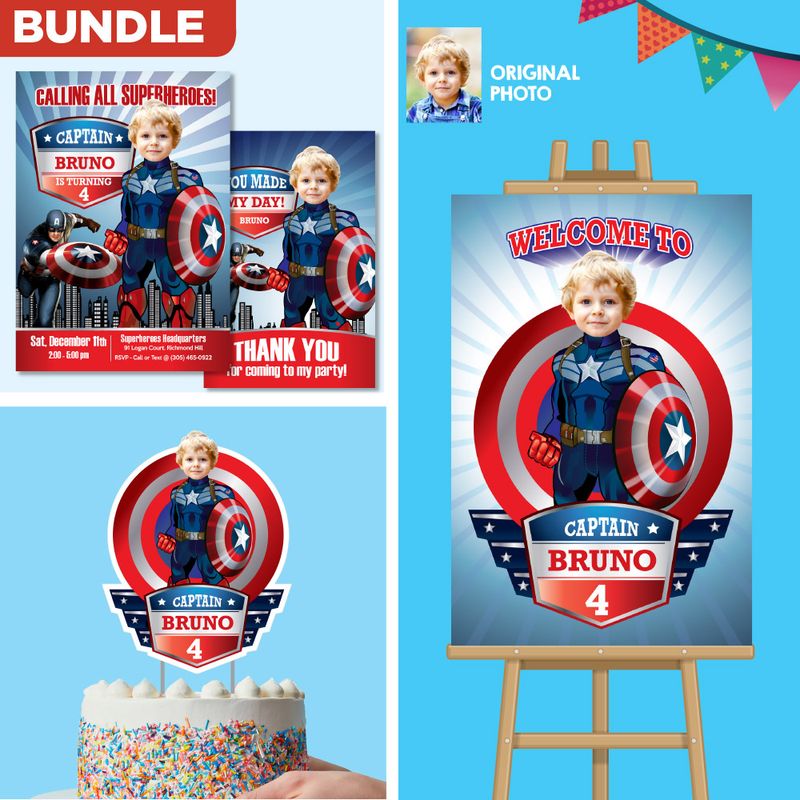 Personalized bundle for a Captain America themed-birthday Party, Custom Captain America cake topper, welcome sign, Invitation and thank you/ favor tag. 075B2