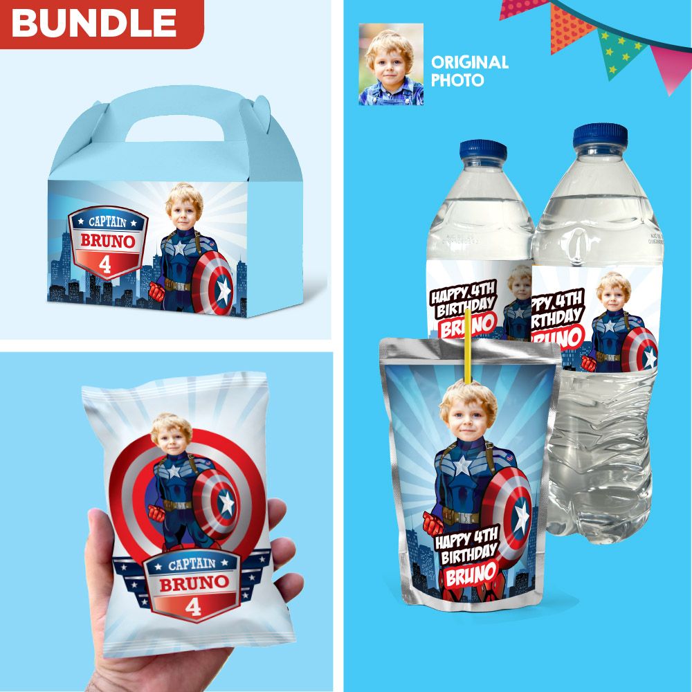 Set of matching snacks labels for a Captain America theme Party personalized with photo, Captain America water, Chip bags, Juice pouch, gable boxes. 075B3