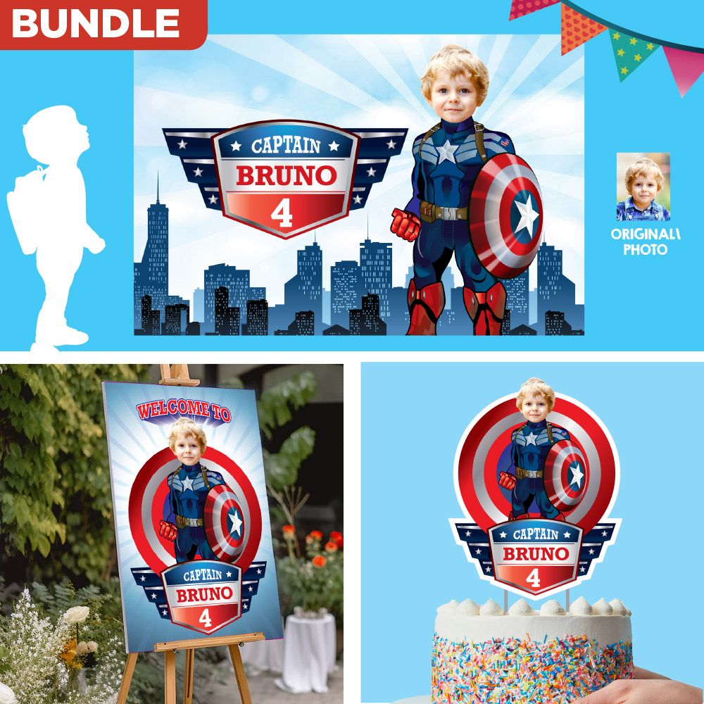 Custom bundle for a Captain America theme Party, Captain America cake, welcome sign and Captain America banner backdrop. 075B4