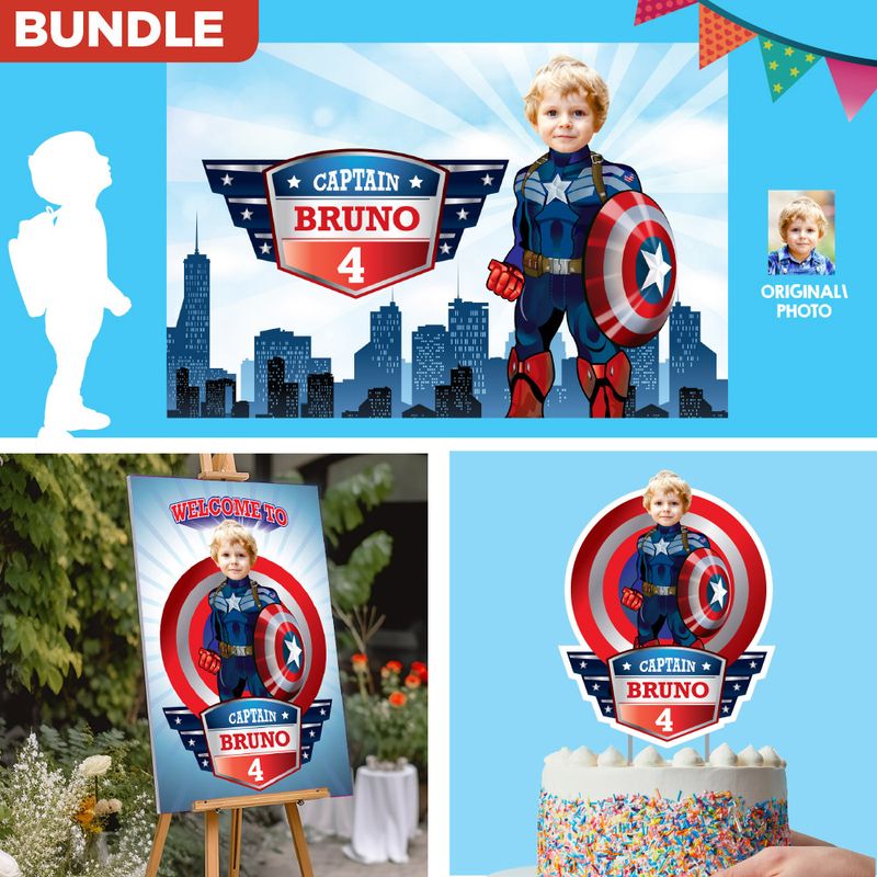 Custom bundle for a Captain America theme Party, Captain America cake, welcome sign and Captain America banner backdrop. 075B4