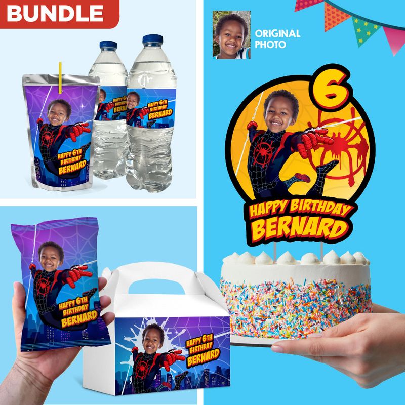 Bundle Spiderverse Party table, Spiderverse cake topper and gift box, Spiderverse water labels &amp; Juice pouch, Spiderverse Chip bag. 399B1