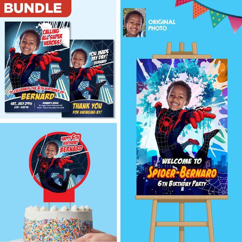 Bundle Miles Morales Birthday matching items, Miles Morales Invitation and favor tags, Miles Morales Cake topper and Welcome sign. 399B2