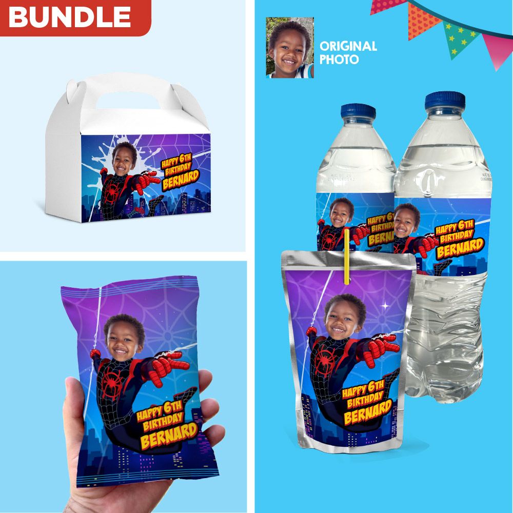 Bundle Miles Morales Party snacks matching items, Miles Morales water and capri sun wrappers, Miles Morales Chip bags and gift boxes favors labels. 399B3