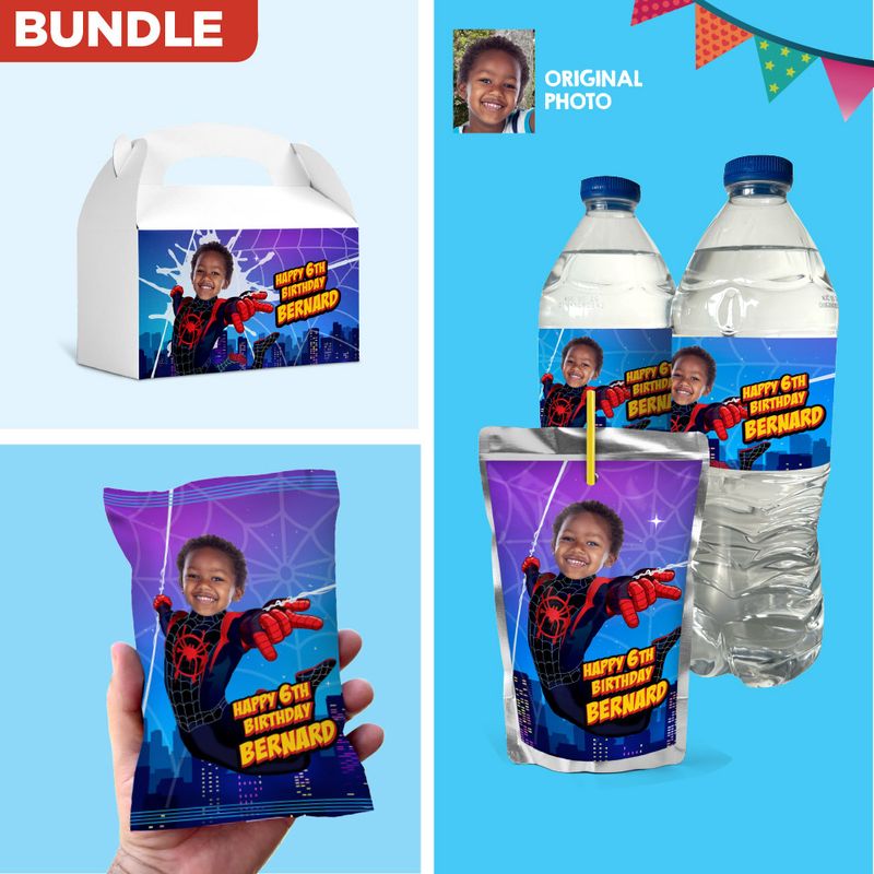Bundle Miles Morales Party snacks matching items, Miles Morales water and capri sun wrappers, Miles Morales Chip bags and gift boxes favors labels. 399B3