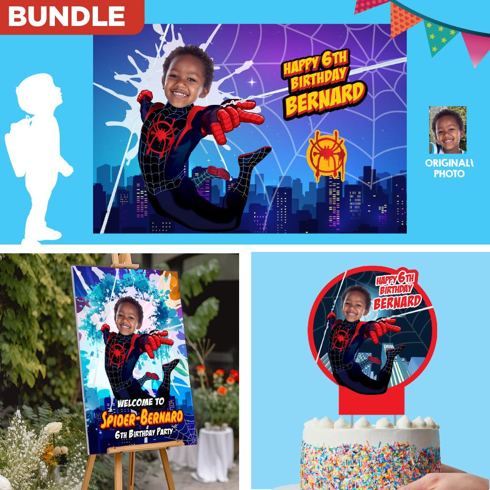 Custom bundle for a Miles Morales theme Party, Miles Morales party decor with photo, Miles Morales cake ideas, welcome sign and Miles Morales banner backdrop. 399B4