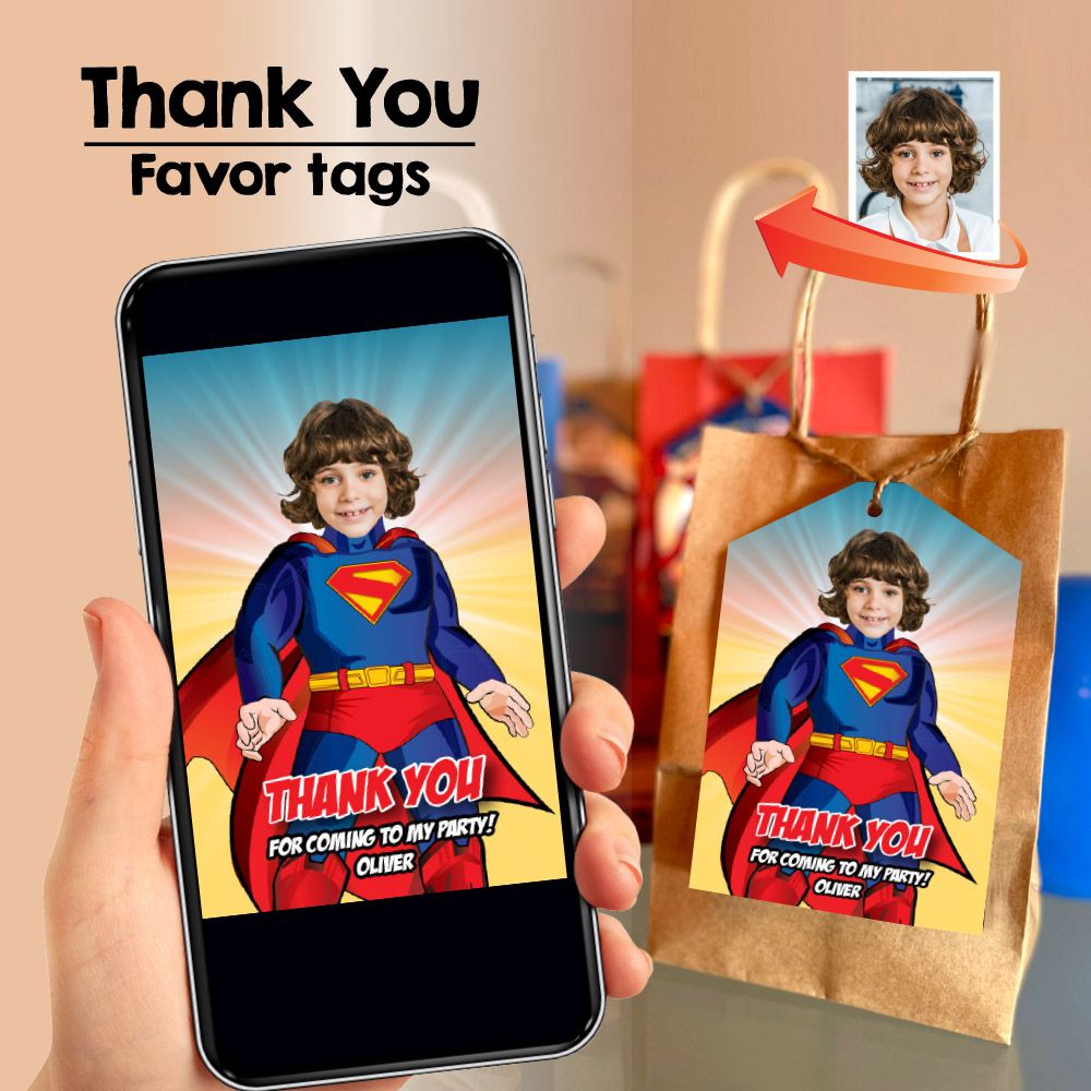 Custom Superman Thank you card, Superman Favor tags, Personalized Superman party favors tags, Superman thanks tag. 2308TY