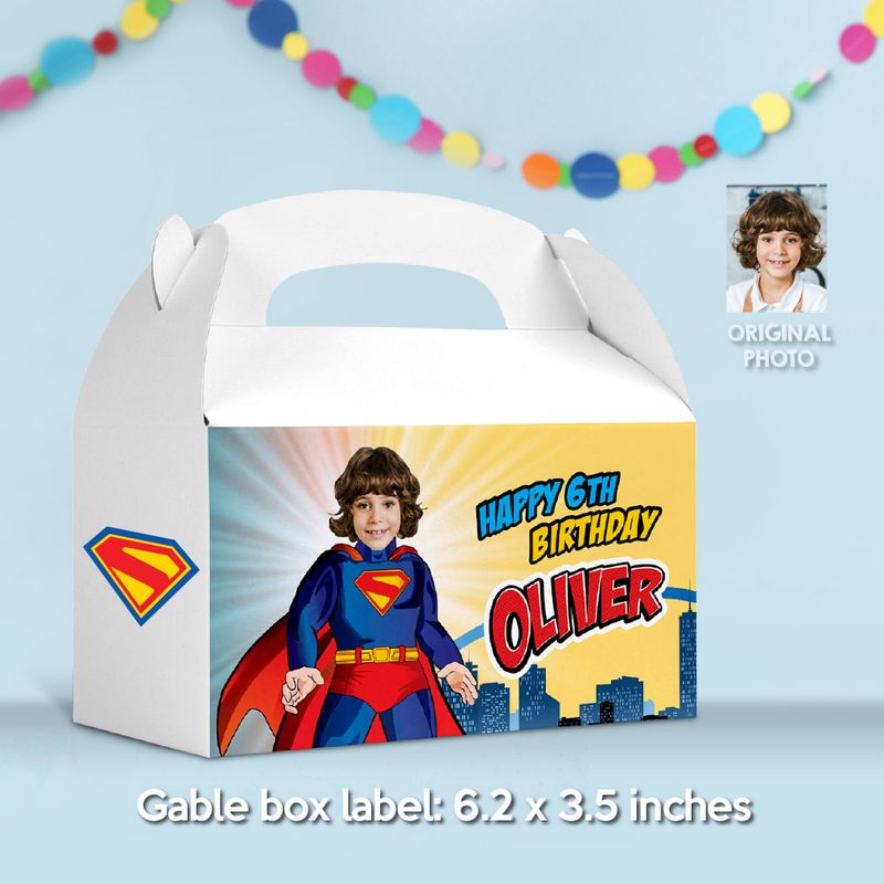 Personalized Superman Gable Box label, Superman Gift Box with photo, Super Boy Gable Box Party favors, Superman Box party favor. 2308GB