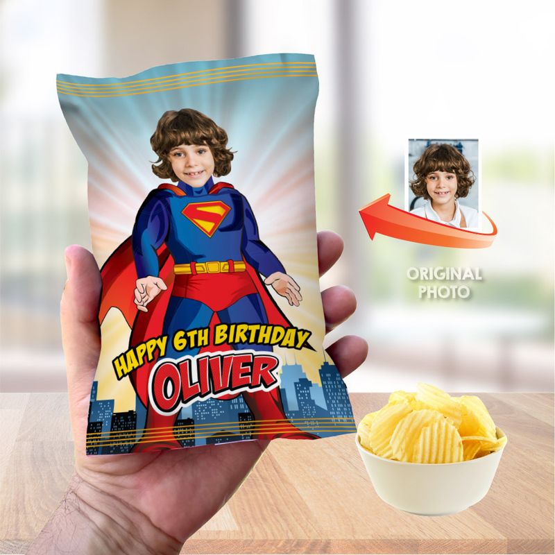 Superman chip bags party favors, Superman Chip Bag Wrapper, Custom Superman Chip Bag label, Superman party decor, Superboy snacks bags. 2308CB
