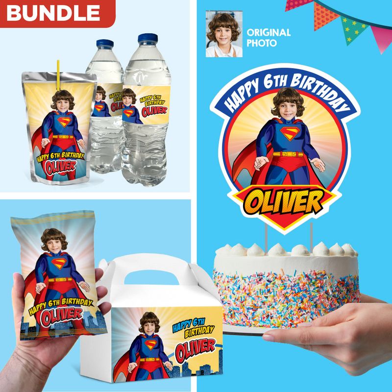 Bundle Superman Party table, Superman Cake Topper, Superman snacks labels, Superman Superman Chip bags, Superman Gable box. 2308B1