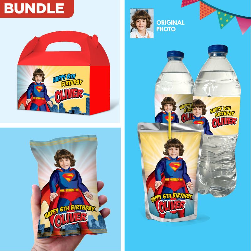 Bundle Superman snacks labels, Superman Superman water wrappers and Juice pouch, Superman Superman Chip bags. 2308B3