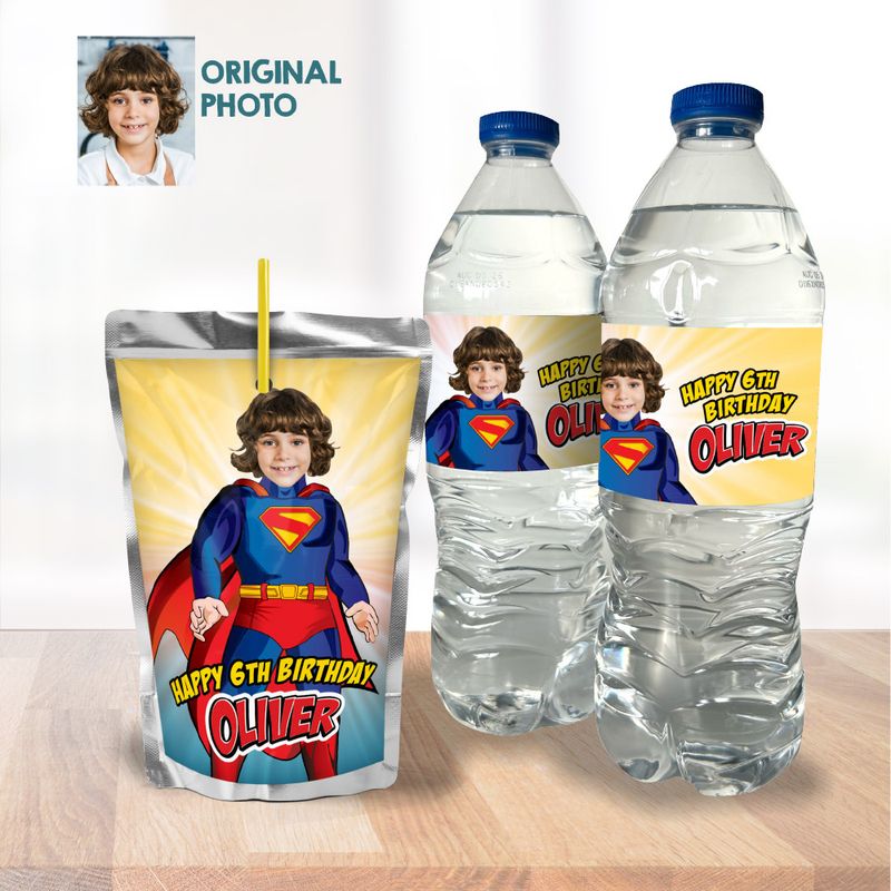 Superman water wrappers, Superman water labels, Superman party juice labels, Superman Capri sun labels, Superman snacks party labels. 2308WJ