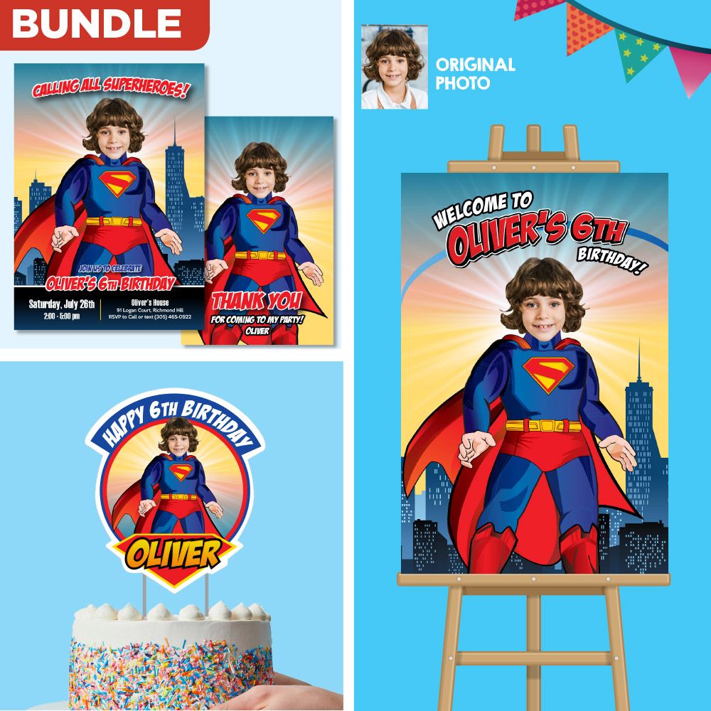 Bundle Superman Birthday, Superman Invitation and Thank you, Superman Cake Topper, Superman Welcome Sign. 2308B2