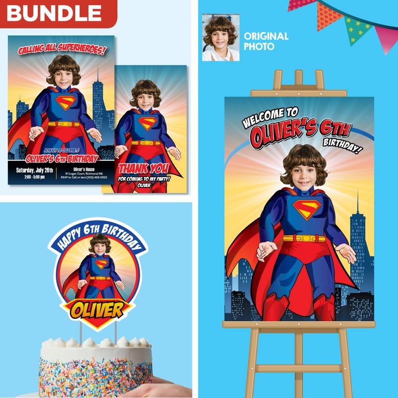 Bundle Superman Birthday, Superman Invitation and Thank you, Superman Cake Topper, Superman Welcome Sign. 2308B2