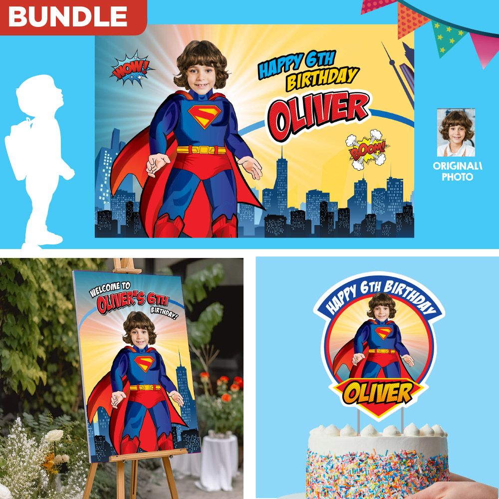 Bundle Superman Party decoration, Superman Superman Banner Backdrop, Cake Topper of Superman, Superman Welcome Sign. 2308B4
