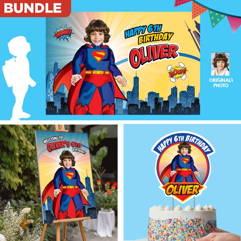 Bundle Superman Party decoration, Superman Superman Banner Backdrop, Cake Topper of Superman, Superman Welcome Sign. 2308B4